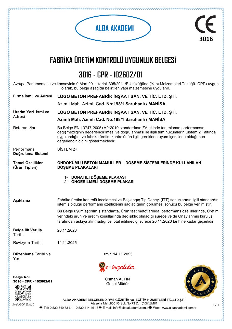 Alba Akademi fabrika üretim kontrolü uygunluk belgesi 3016-CPR-102602/01 — döşeme plakaları