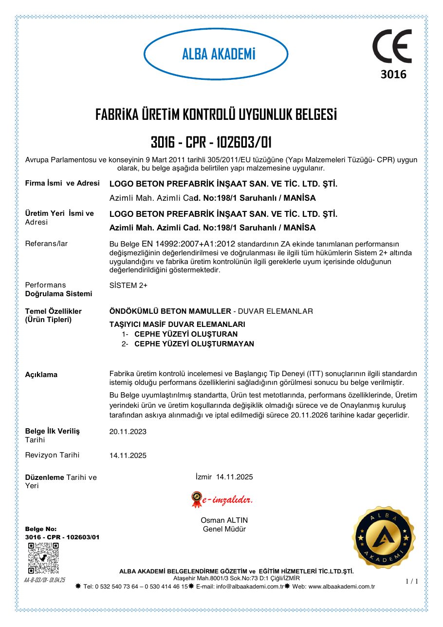 Alba Akademi fabrika üretim kontrolü uygunluk belgesi 3016-CPR-102603/01 — duvar elemanları