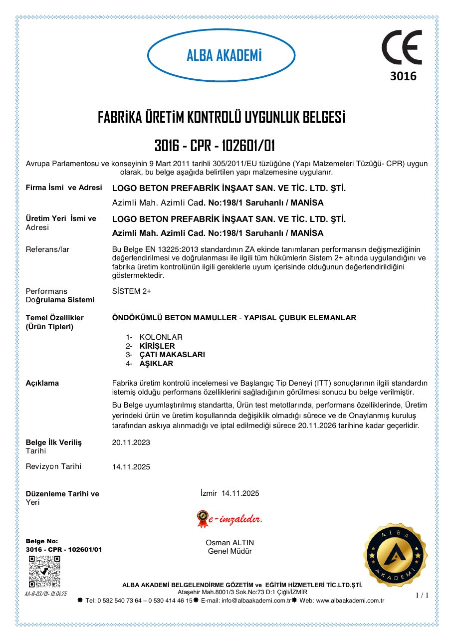 Alba Akademi fabrika üretim kontrolü uygunluk belgesi 3016-CPR-102601/01 — yapısal çubuk elemanlar