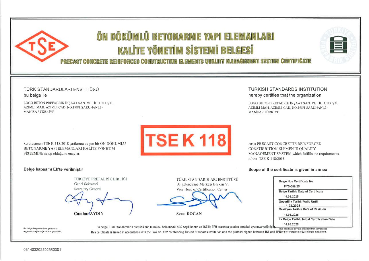 TSE K 118 öndökümlü betonarme yapı elemanları kalite yönetim sistemi belgesi PYS-088/25
